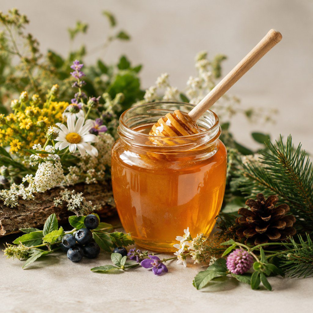 Wild forest honey in a glass jar with forest botanicals and a wooden honey dipper